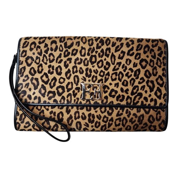 Escada Leopard Clutch Bag Calf Hair Leather Trim Flap Evening Bag wristlet - Picture 1 of 8